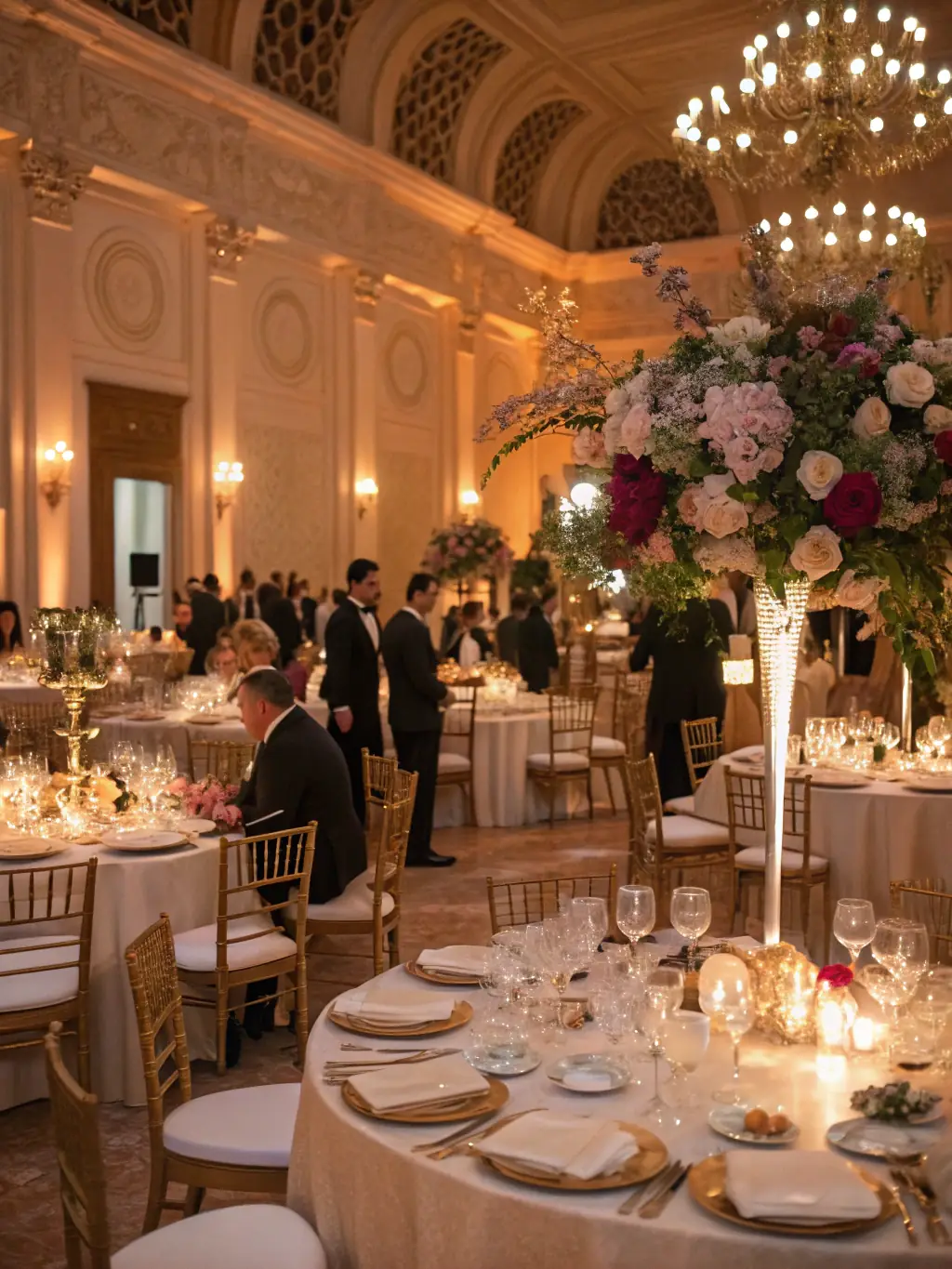 A sophisticated gala event with guests dressed in formal attire, enjoying cocktails and hors d'oeuvres in a beautifully decorated ballroom, emphasizing Suravelle's capability to host high-end and glamorous events.