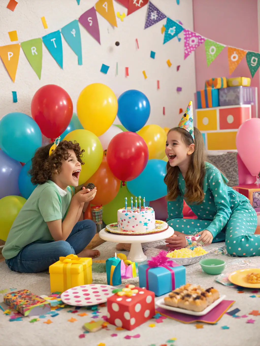 A vibrant birthday party scene with colorful decorations, a custom cake, and joyful guests, highlighting Suravelle's ability to create fun and memorable birthday celebrations for all ages.