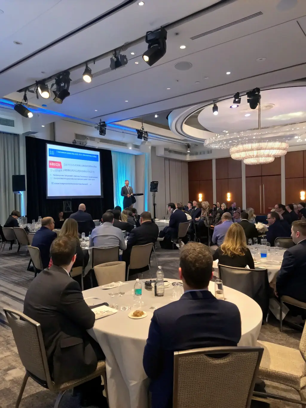 A corporate event setup with a stage, projector screen displaying a company logo, and rows of neatly arranged seating, showcasing Suravelle's expertise in organizing professional and impactful corporate events.